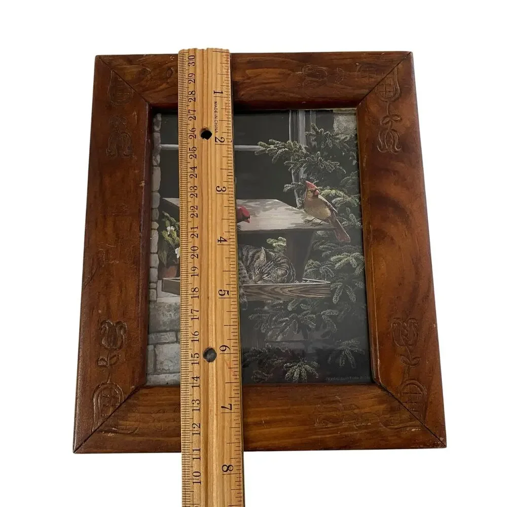 Vintage Carved Wood Frame Cat Birds Print Persis Clayton Weirs 90s Country 1992